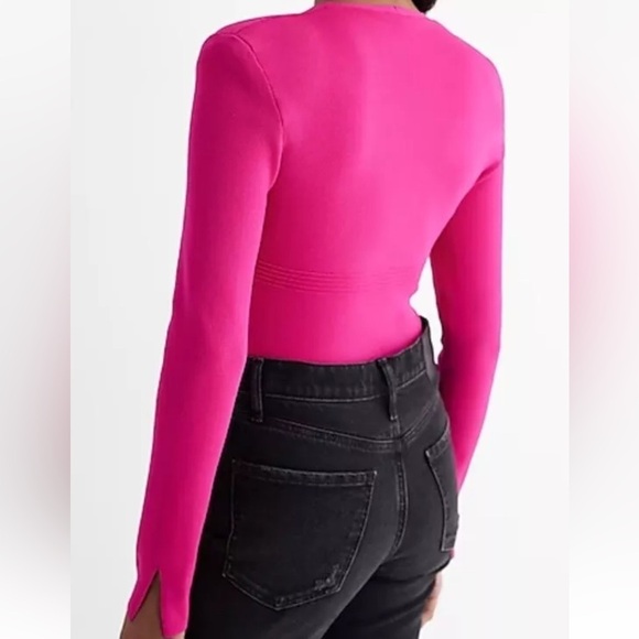 Padded Shoulder Deep V-Neck Sweater Express Bodysuit Neon Berry Sz XS *K8 - Picture 2 of 6